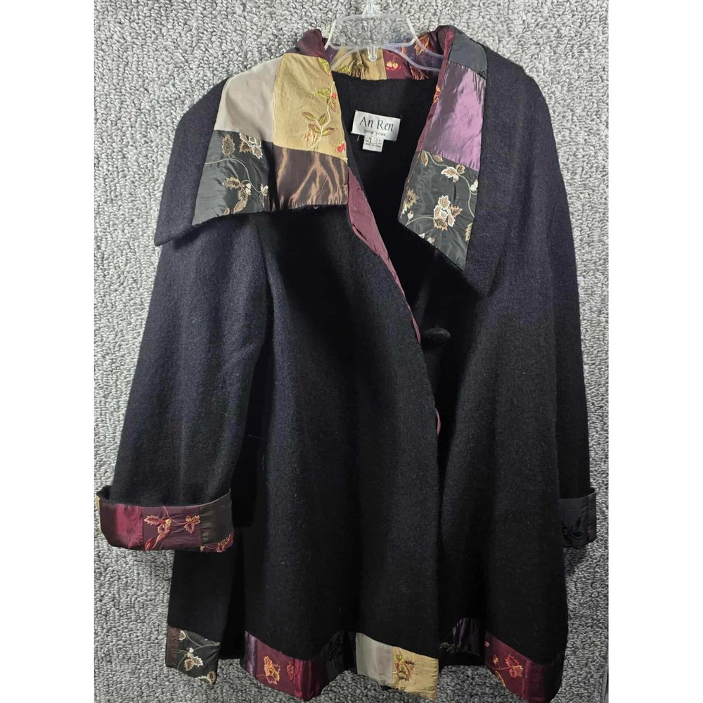 An Ren NY Coat Wool‎ Patchwork Embroidered Portrait Collar Black Womens Medium
